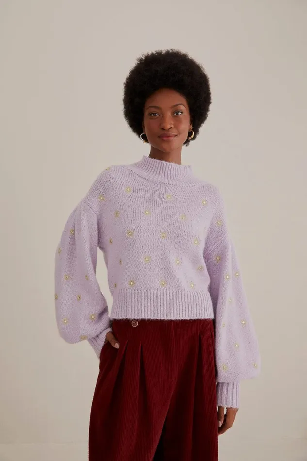 Women Mirror Embroidered Knit Sweater Soft Lilac FARM Rio Sweaters and Sweatshirts