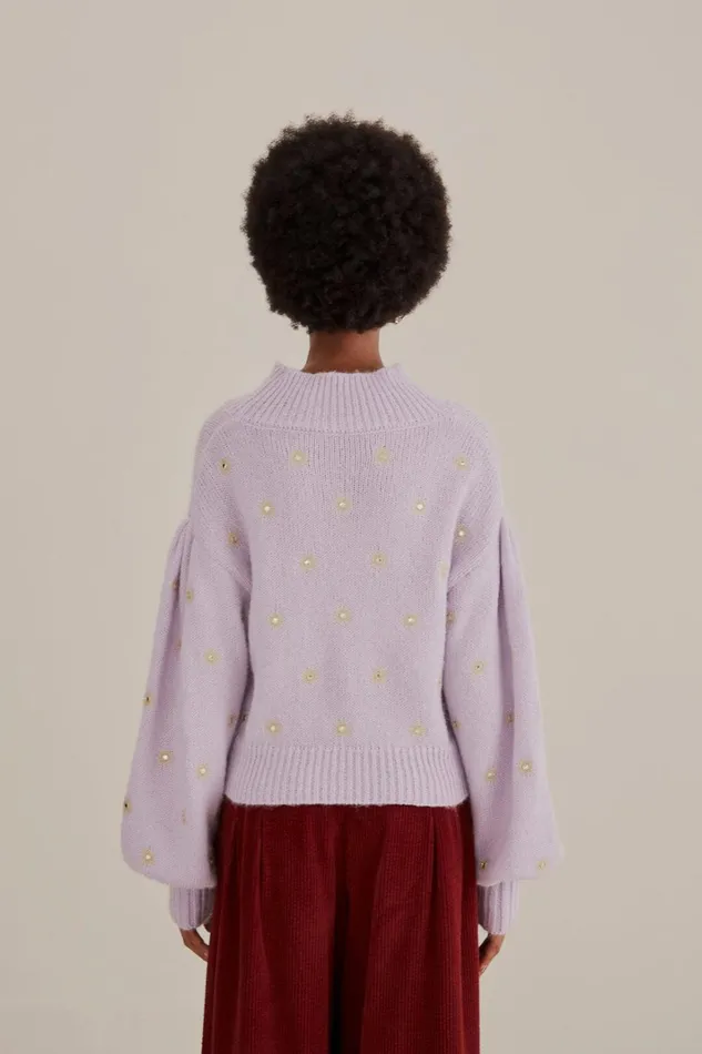 Women Mirror Embroidered Knit Sweater Soft Lilac FARM Rio Sweaters and Sweatshirts