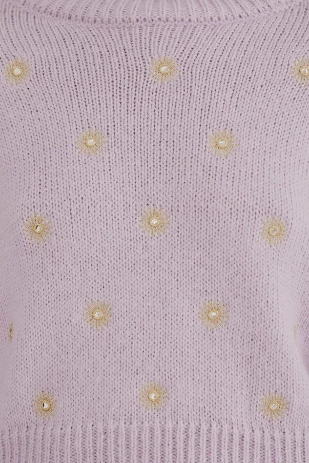 Women Mirror Embroidered Knit Sweater Soft Lilac FARM Rio Sweaters and Sweatshirts