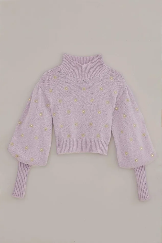 Women Mirror Embroidered Knit Sweater Soft Lilac FARM Rio Sweaters and Sweatshirts