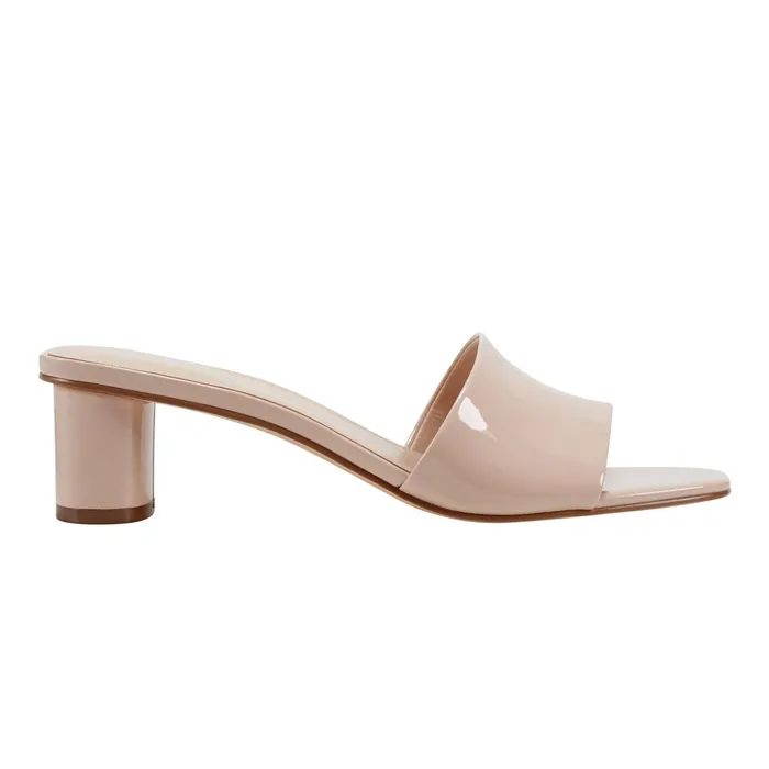 Women Nemmie Heeled Slide Sandal Natural Patent Leather Marc Fisher Mules and Slides