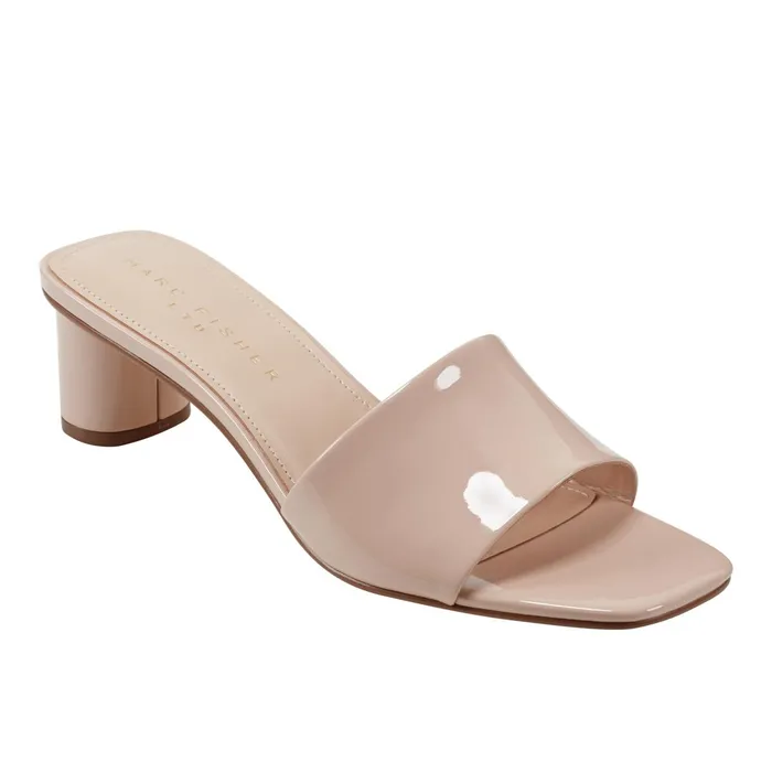 Women Nemmie Heeled Slide Sandal Natural Patent Leather Marc Fisher Mules and Slides