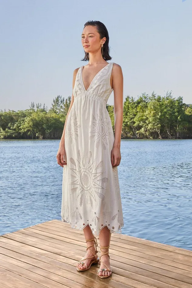 Women OffWhite Maxi Richelieu Lenzing Ecovero Euroflax Maxi Dress Offwhite FARM Rio Maxi Dresses