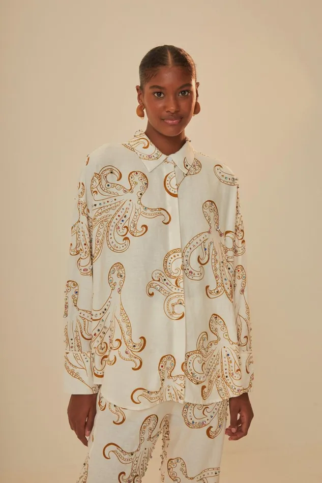 Women OffWhite Octopus Fun Euroflax Premium Linen Shirt Offwhite Octopus Fun FARM Rio Crop Tops