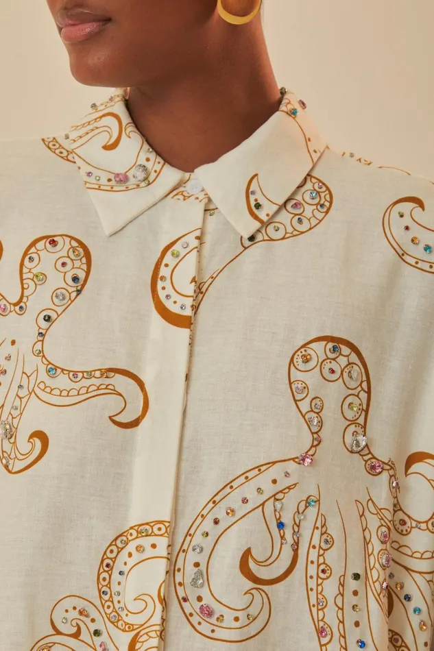 Women OffWhite Octopus Fun Euroflax Premium Linen Shirt Offwhite Octopus Fun FARM Rio Crop Tops