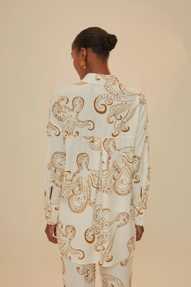 Women OffWhite Octopus Fun Euroflax Premium Linen Shirt Offwhite Octopus Fun FARM Rio Crop Tops