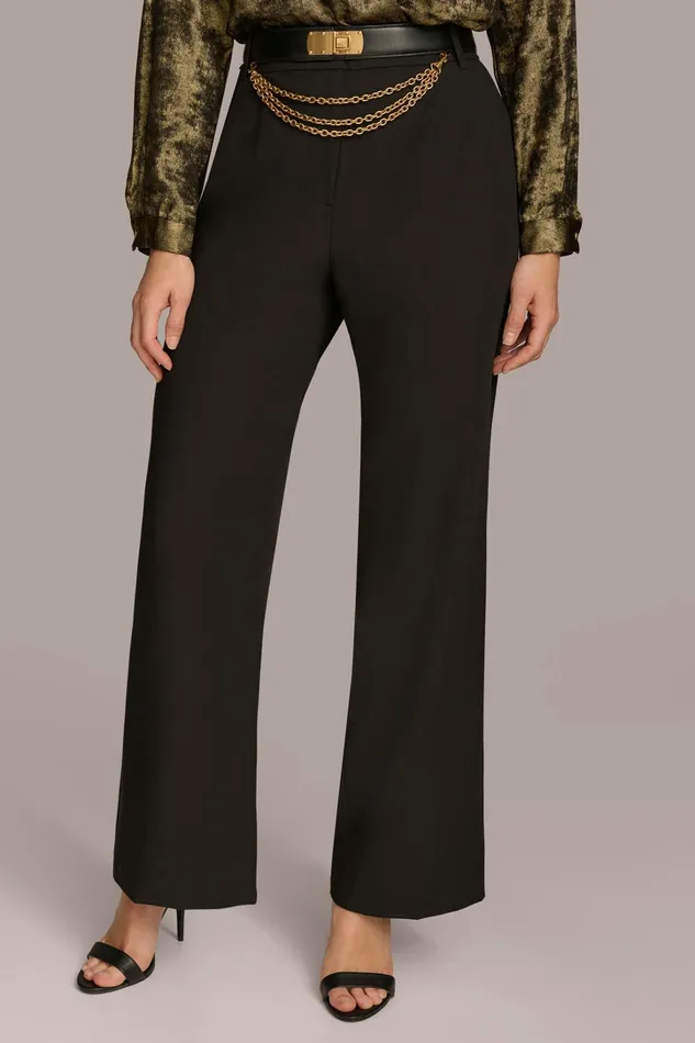 Women Pants Donna Karan WIDE LEG TROUSER WITH CHAIN BELT Black