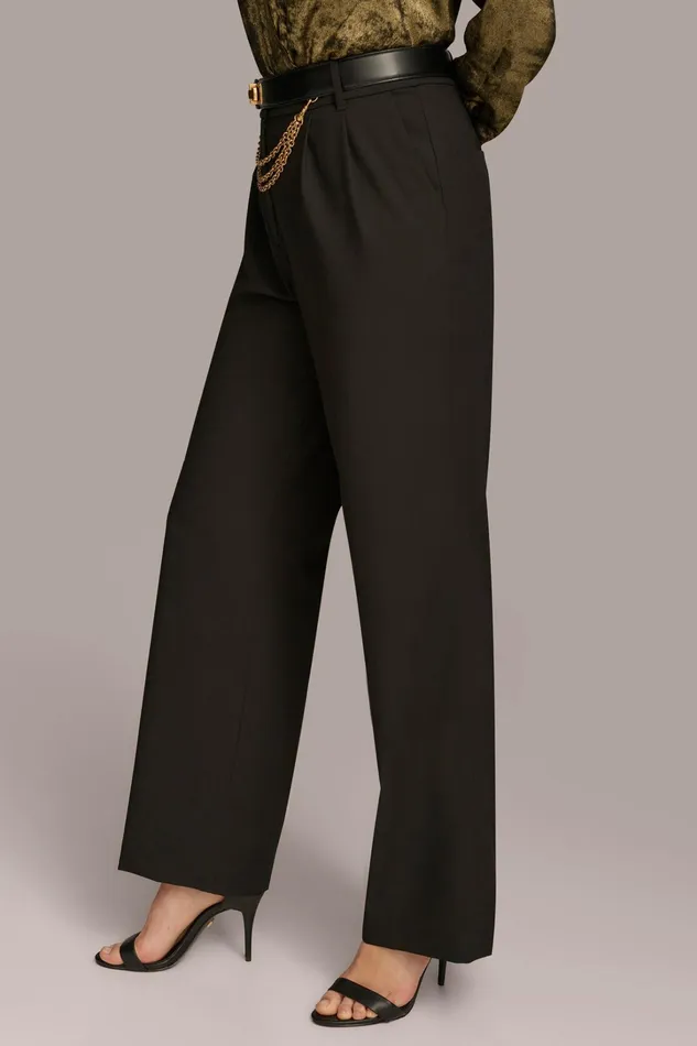 Women Pants Donna Karan WIDE LEG TROUSER WITH CHAIN BELT Black