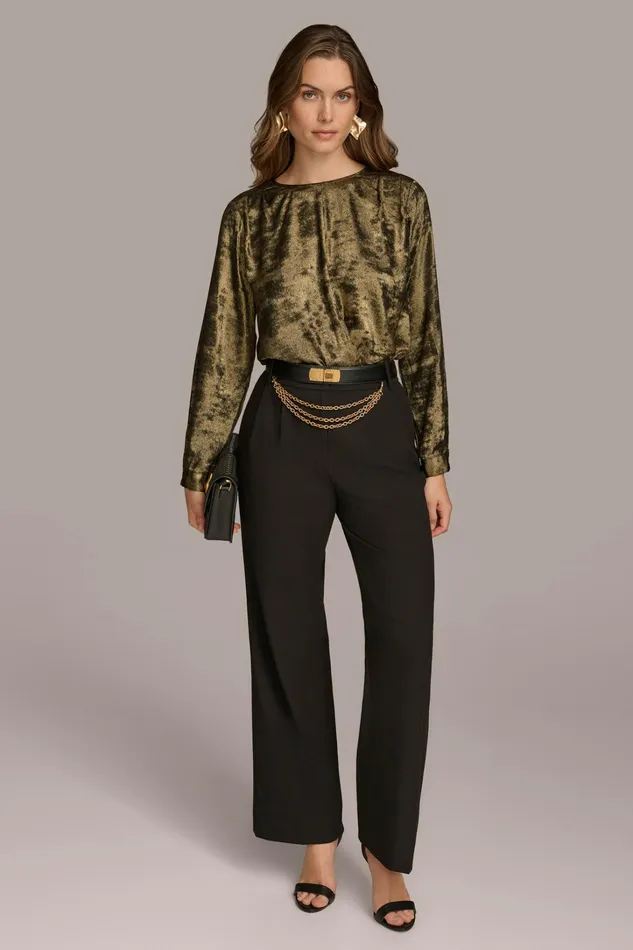 Women Pants Donna Karan WIDE LEG TROUSER WITH CHAIN BELT Black