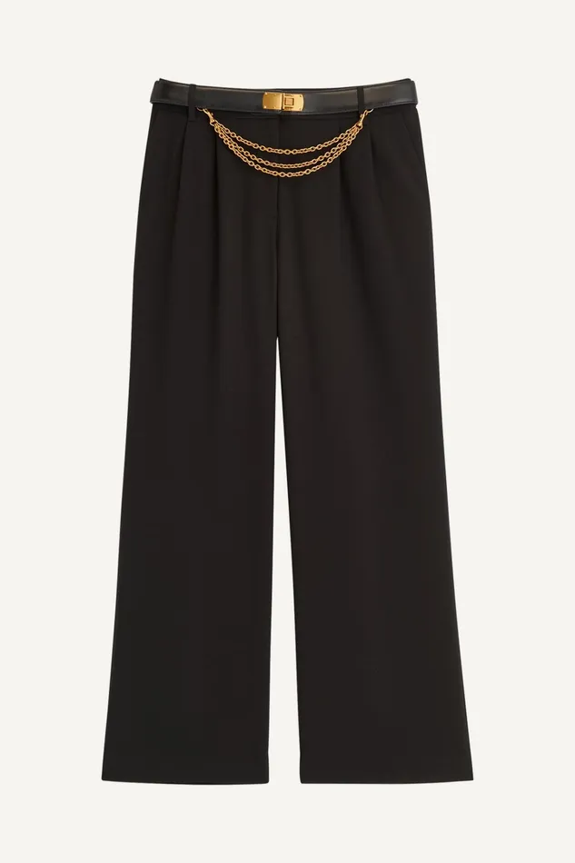Women Pants Donna Karan WIDE LEG TROUSER WITH CHAIN BELT Black
