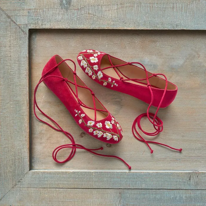 Women Petunia Embroidered Flats Crimson Sundance Catalog Shoes