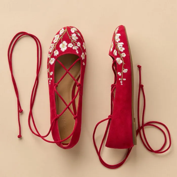 Women Petunia Embroidered Flats Crimson Sundance Catalog Shoes