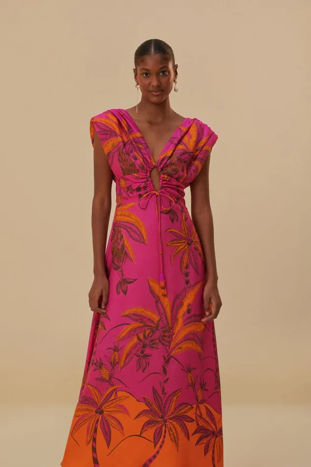 Women Pink Beach Forest Lenzing Ecovero Viscose Maxi Dress Beach Forest Pink FARM Rio Maxi Dresses