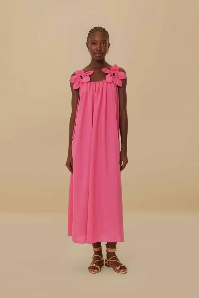 Women Pink Floral Details Sleeveless Midi Dress Pink FARM Rio Midi Dresses