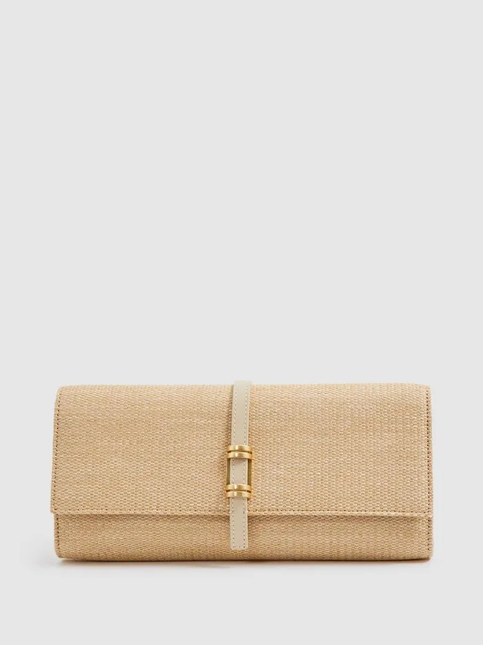 Women Reiss Bags Regent Raffia Baguette Clutch Bag Natural