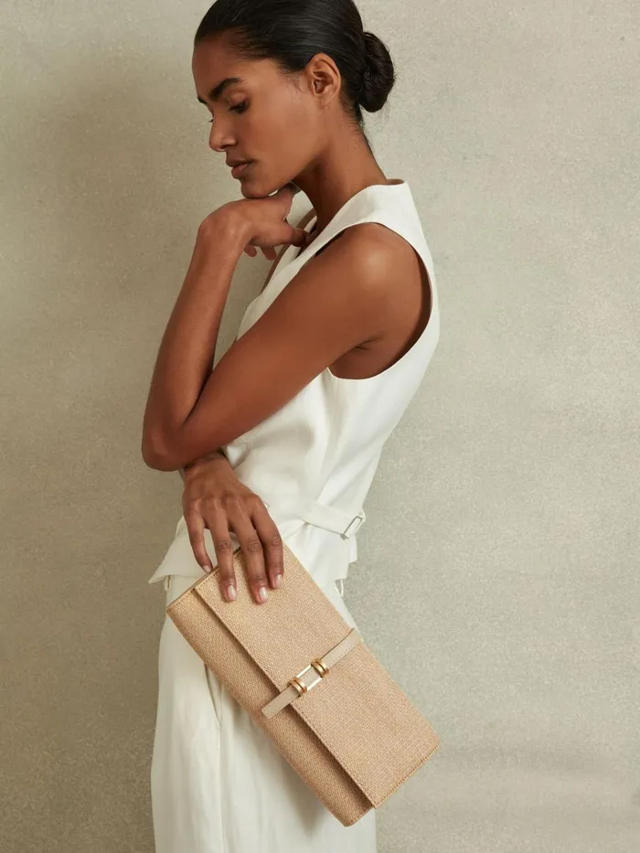 Women Reiss Bags Regent Raffia Baguette Clutch Bag Natural