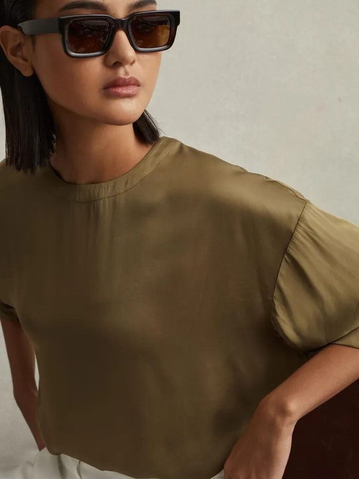 Women Reiss Blouses and Shirts Anya Relaxed Satin Blouse Khaki