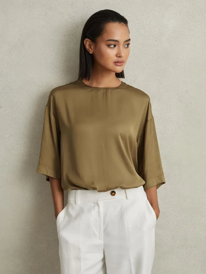 Women Reiss Blouses and Shirts Anya Relaxed Satin Blouse Khaki
