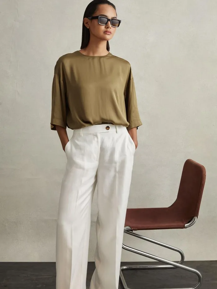 Women Reiss Blouses and Shirts Anya Relaxed Satin Blouse Khaki