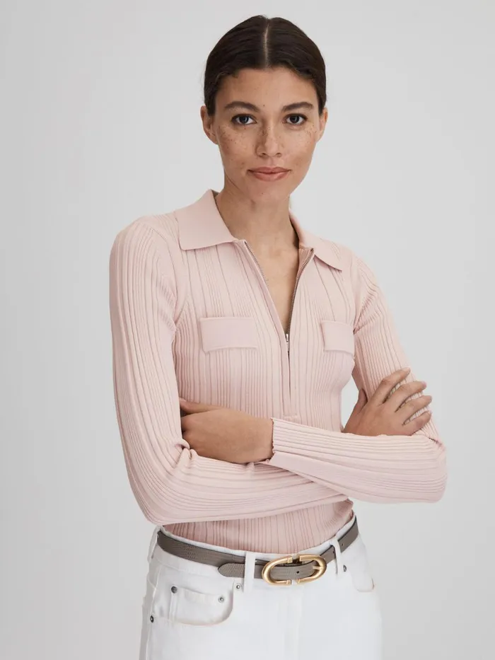 Women Reiss Blouses and Shirts Clemmie Ribbed HalfZip Fitted Top Nude
