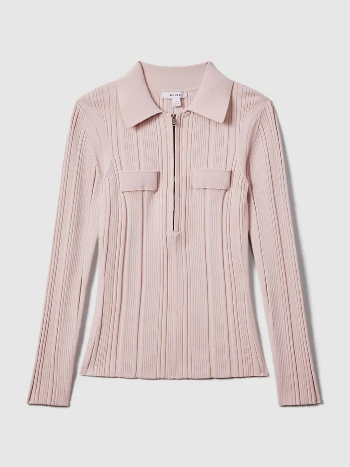 Women Reiss Blouses and Shirts Clemmie Ribbed HalfZip Fitted Top Nude