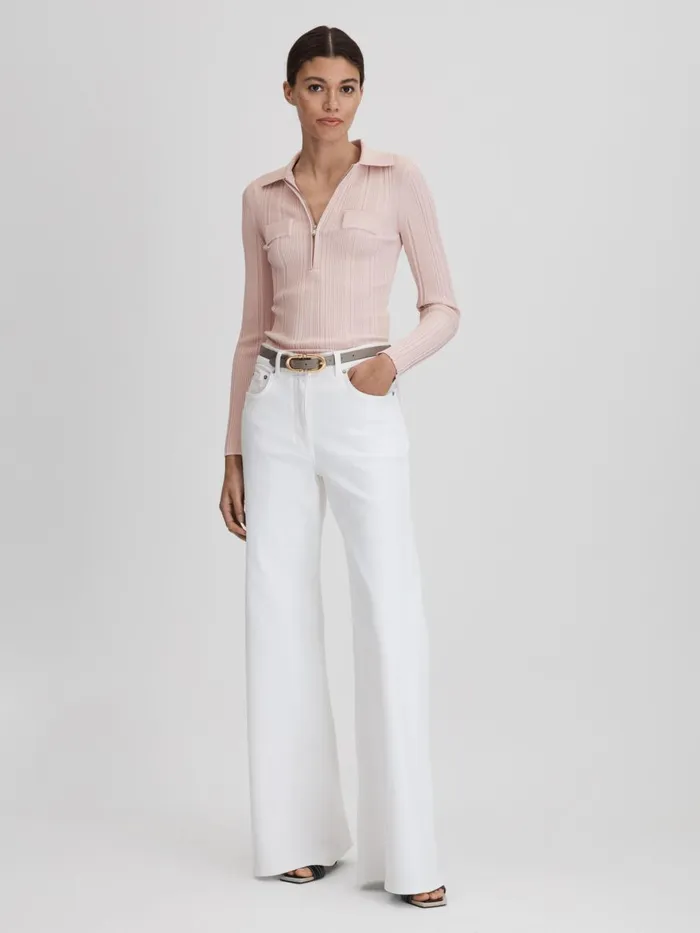 Women Reiss Blouses and Shirts Clemmie Ribbed HalfZip Fitted Top Nude