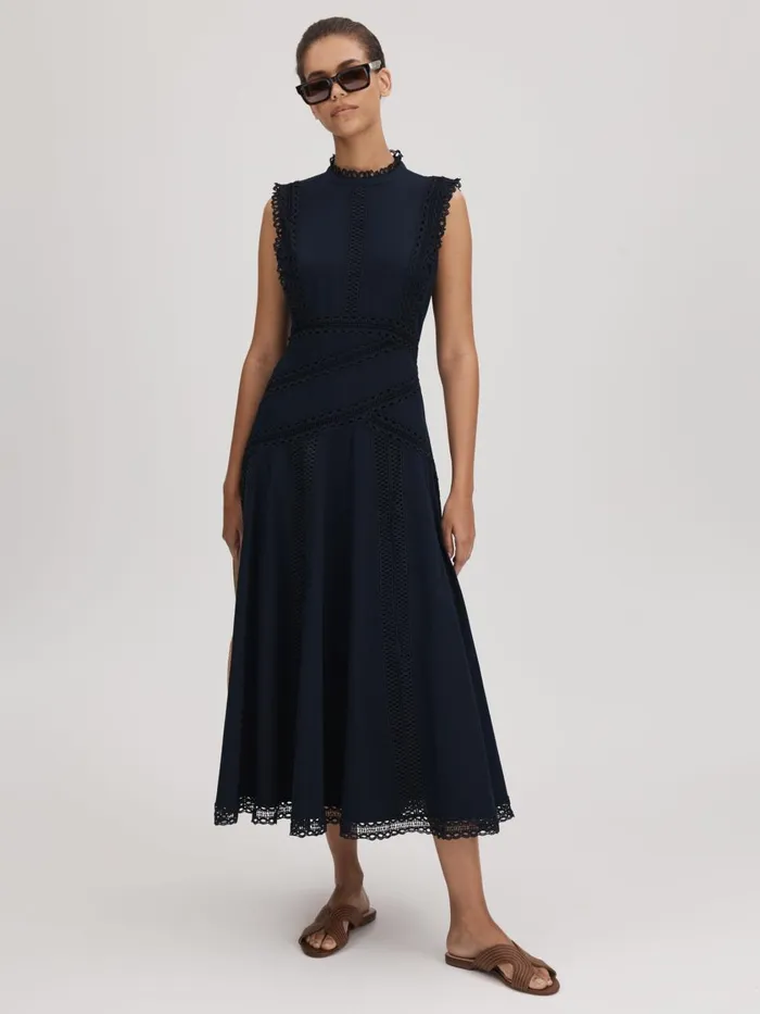 Women Reiss Brands Cotton Lace Midi Dress Navy