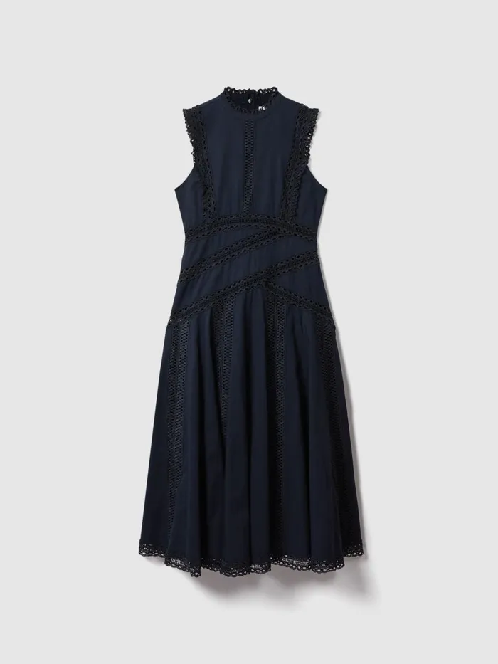 Women Reiss Brands Cotton Lace Midi Dress Navy
