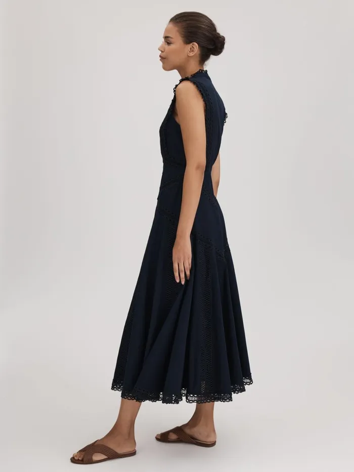 Women Reiss Brands Cotton Lace Midi Dress Navy