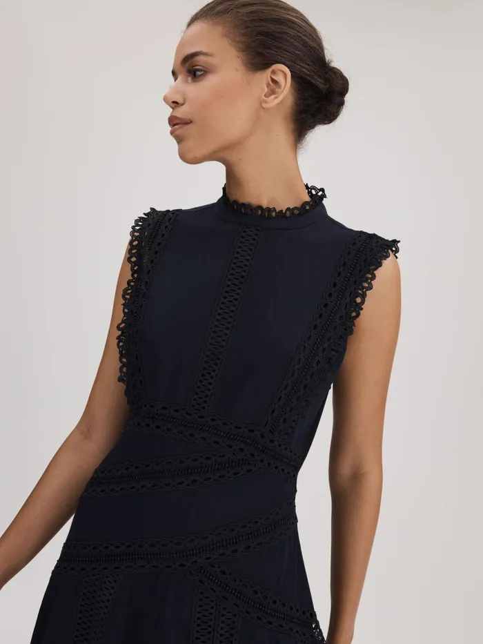 Women Reiss Brands Cotton Lace Midi Dress Navy
