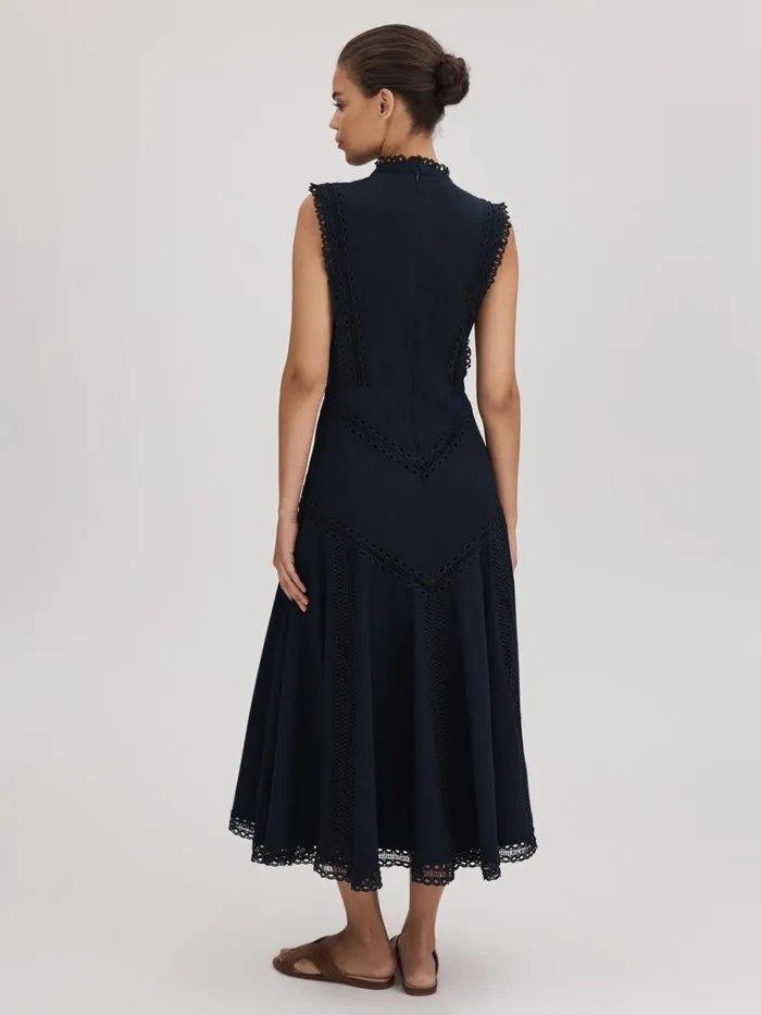 Women Reiss Brands Cotton Lace Midi Dress Navy