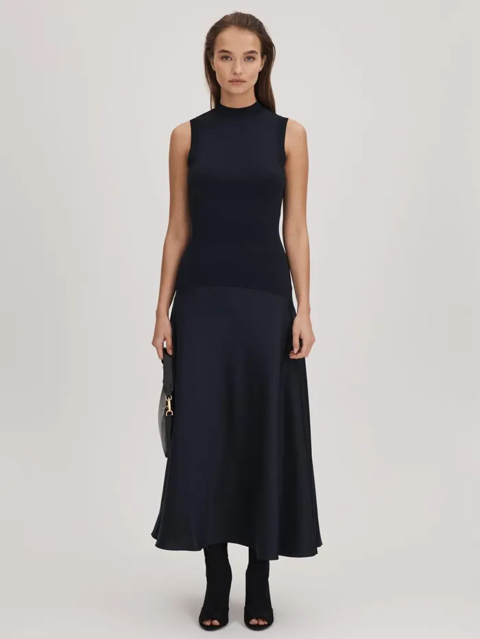 Women Reiss Brands FitandFlare Midi Dress Navy