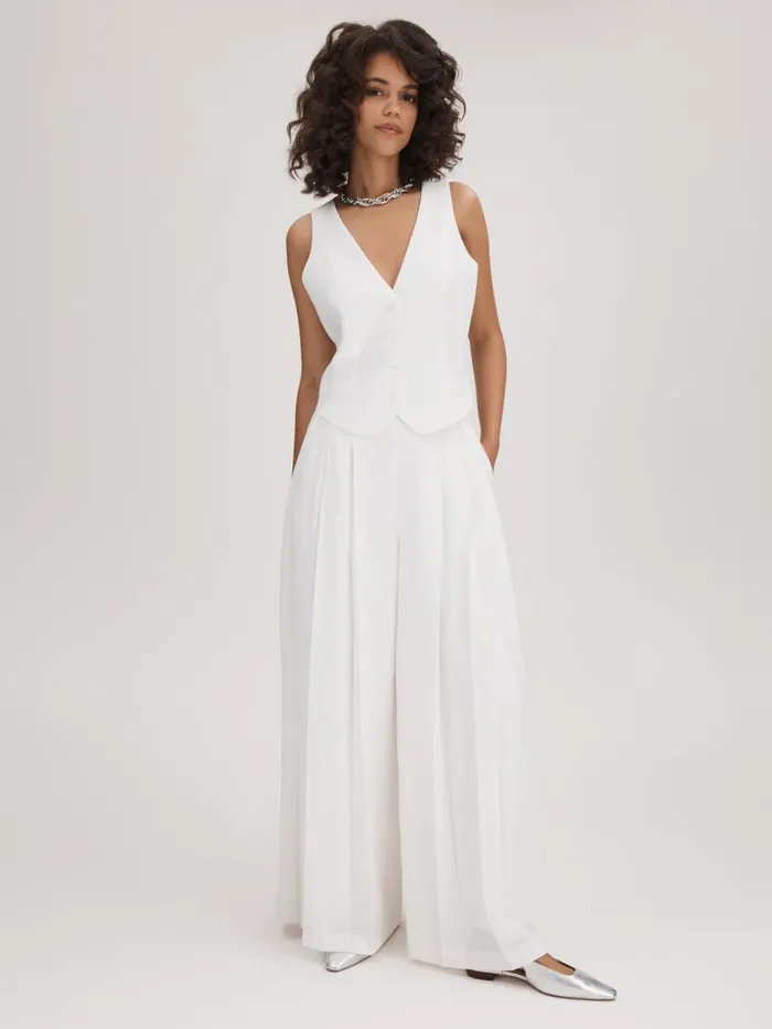 Women Reiss Brands Pleated Wide Leg Trousers Ivory