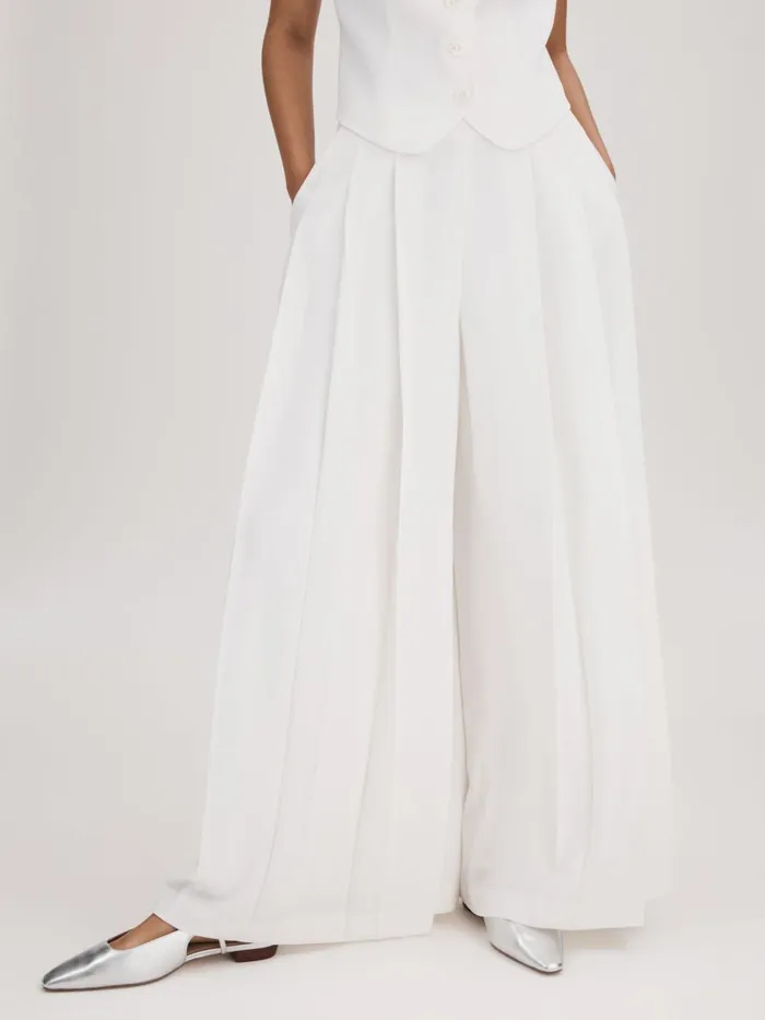 Women Reiss Brands Pleated Wide Leg Trousers Ivory