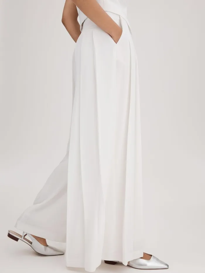 Women Reiss Brands Pleated Wide Leg Trousers Ivory