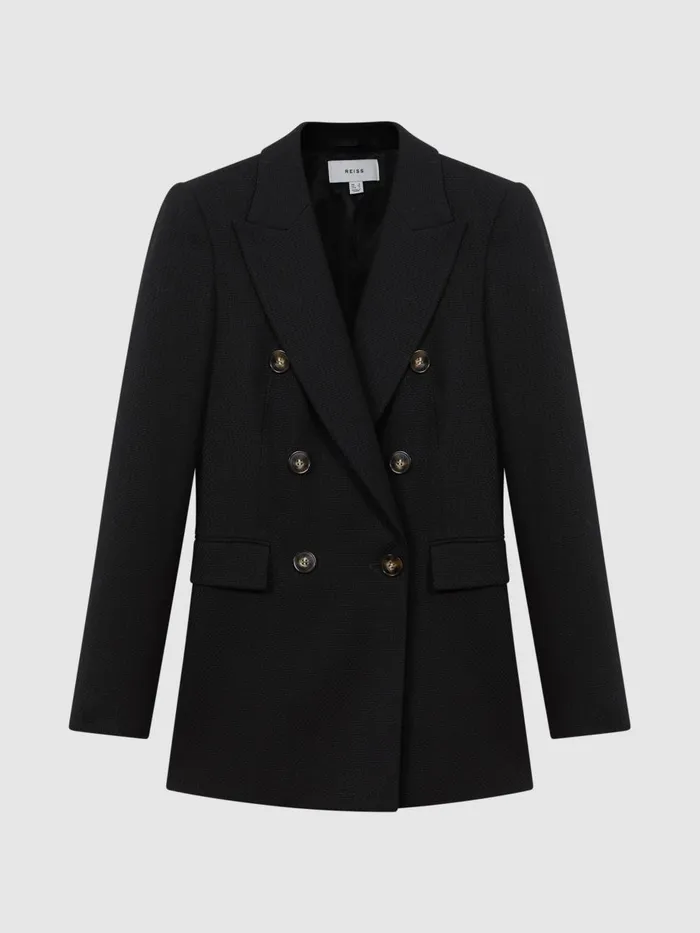 Women Reiss Coats Lana Tailored Textured Wool Blend Double Breasted Blazer Black