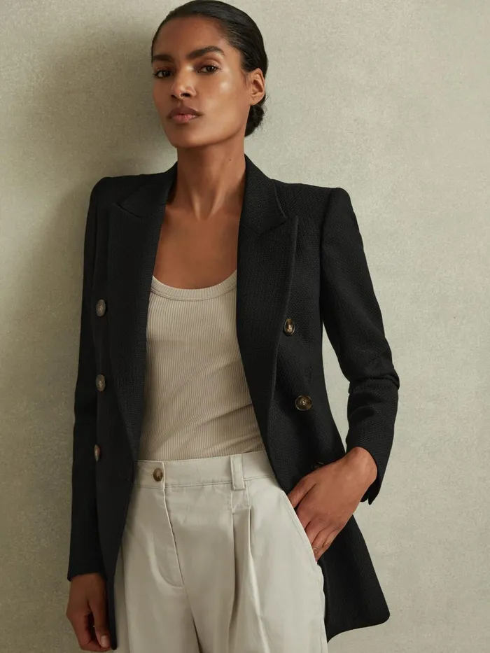 Women Reiss Coats Lana Tailored Textured Wool Blend Double Breasted Blazer Black