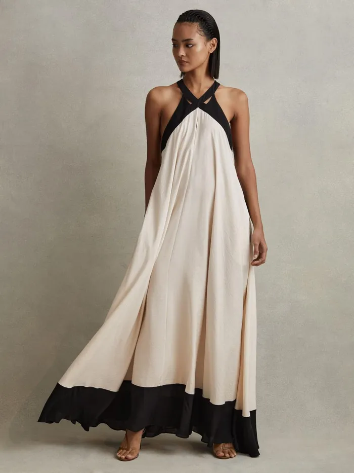 Women Reiss Dresses Aubree Relaxed Colourblock Maxi Dress Neutralblack