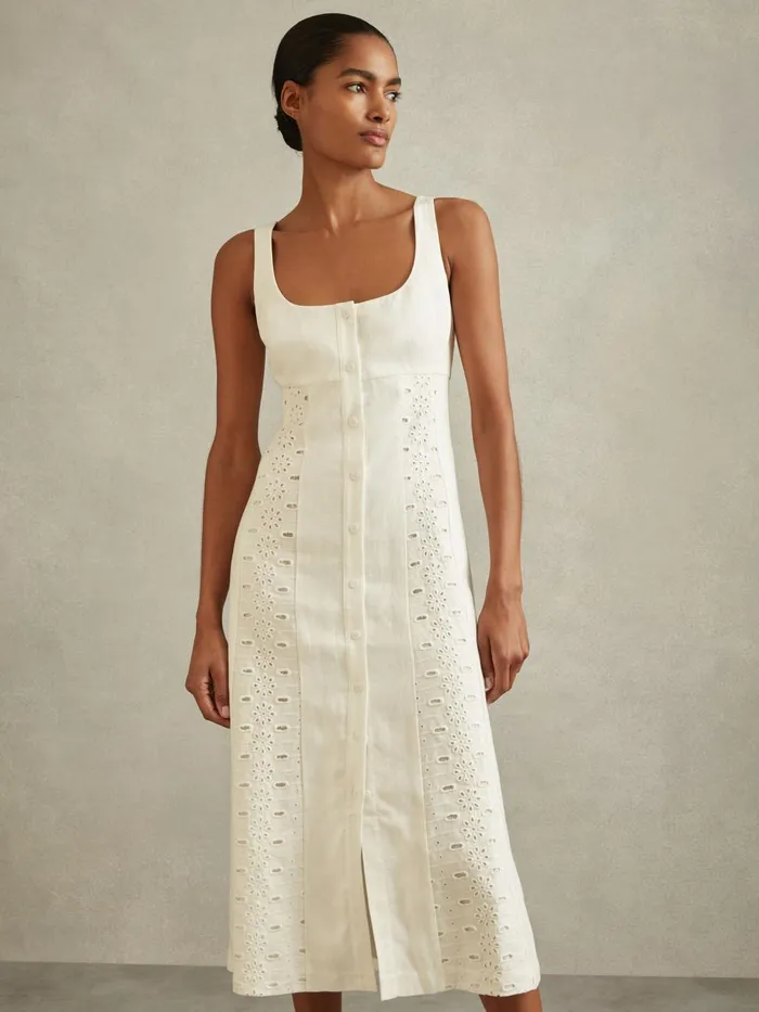 Women Reiss Dresses Clarice Linen Broderie Midi Dress Ivory