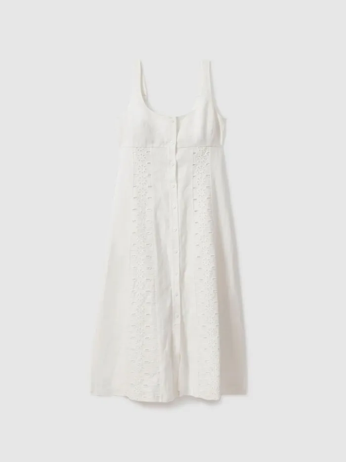 Women Reiss Dresses Clarice Linen Broderie Midi Dress Ivory