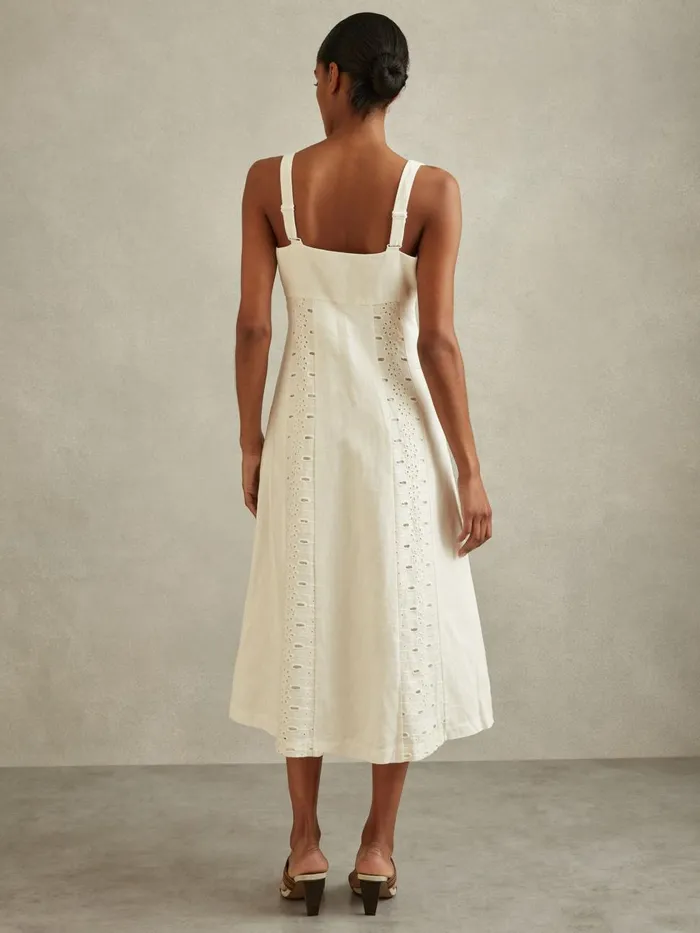 Women Reiss Dresses Clarice Linen Broderie Midi Dress Ivory