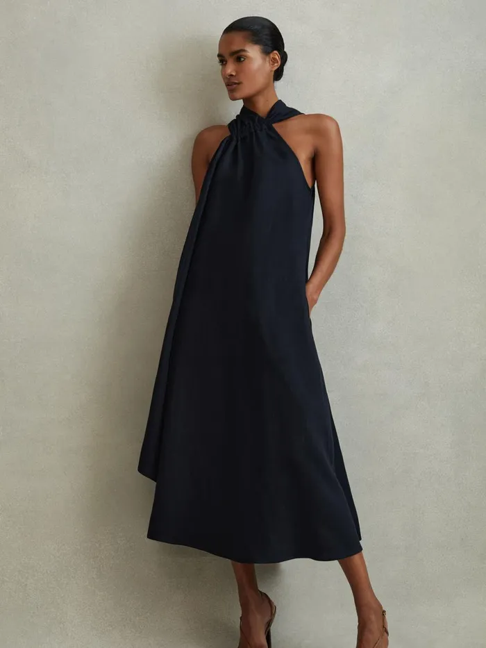 Women Reiss Dresses Cosette Linen Blend Drape Midi Dress Navy