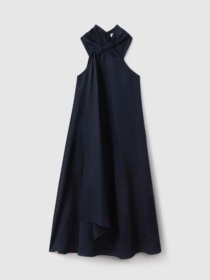 Women Reiss Dresses Cosette Linen Blend Drape Midi Dress Navy