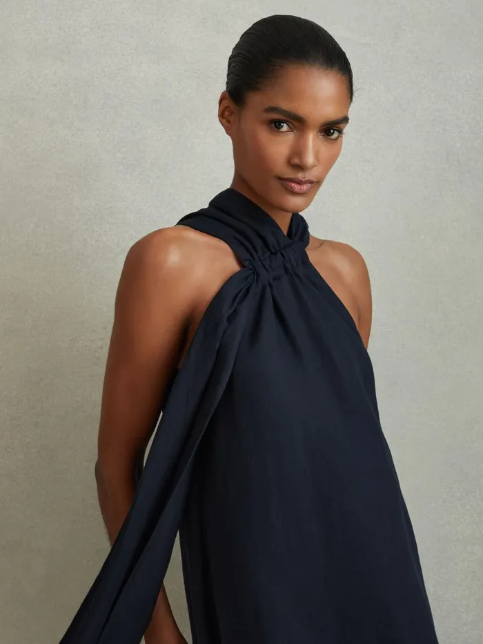 Women Reiss Dresses Cosette Linen Blend Drape Midi Dress Navy