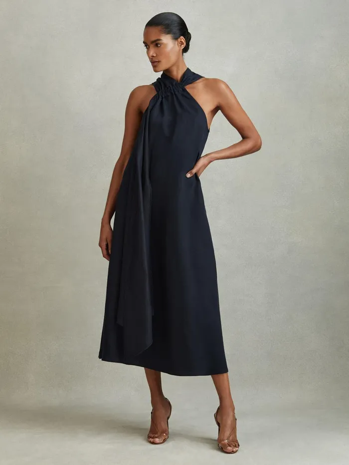 Women Reiss Dresses Cosette Linen Blend Drape Midi Dress Navy