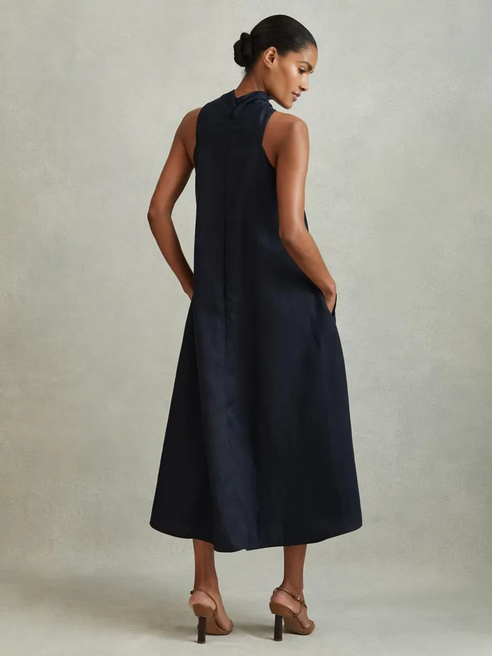 Women Reiss Dresses Cosette Linen Blend Drape Midi Dress Navy
