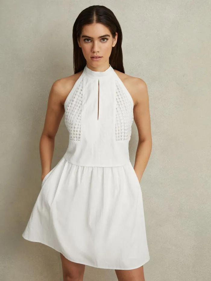Women Reiss Dresses Eden Mini Broderie Halter Neck Dress White