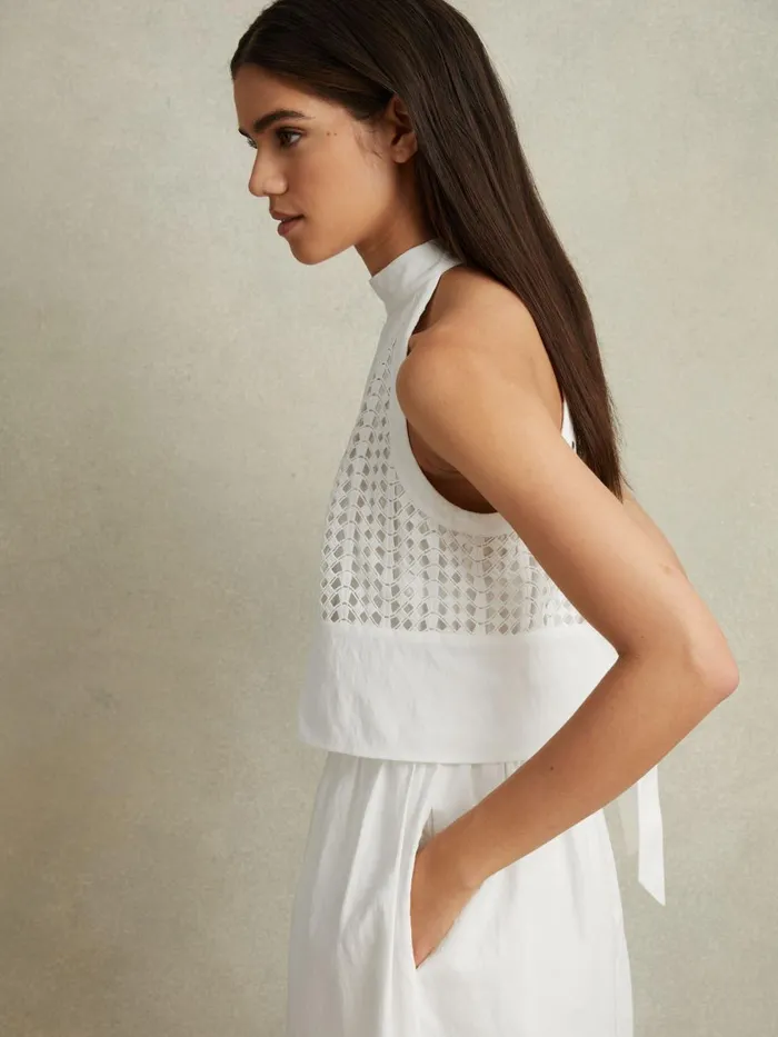 Women Reiss Dresses Eden Mini Broderie Halter Neck Dress White