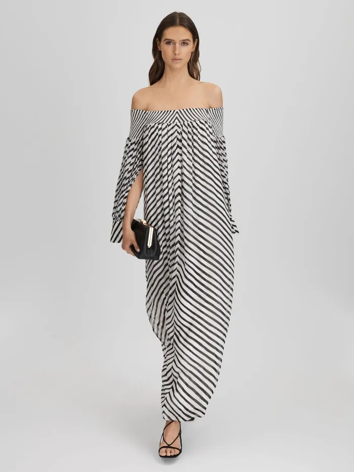 Women Reiss Dresses Fabia Striped Bardot Maxi Dress Blackcream