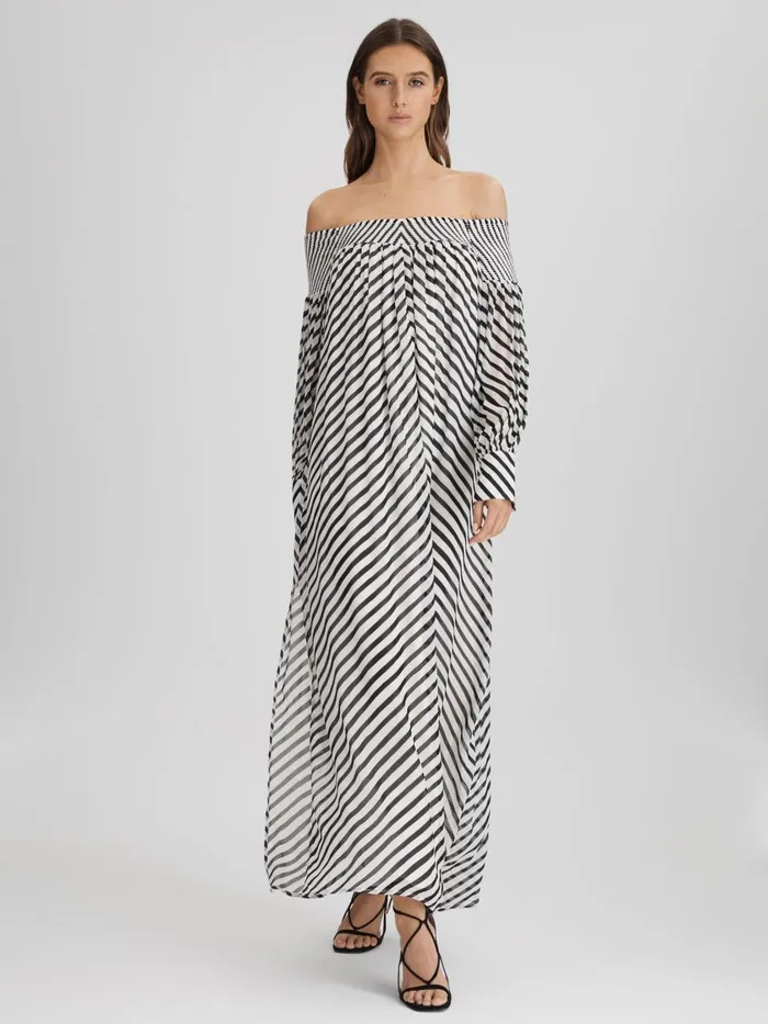 Women Reiss Dresses Fabia Striped Bardot Maxi Dress Blackcream